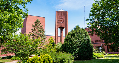 Outside of Kleinpell Fine Arts building looking at the clocktower