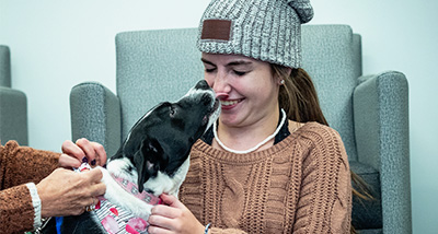 Student being licked by a dog during a "Pet Therapy" session