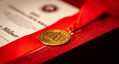 A medallion award placed on a table