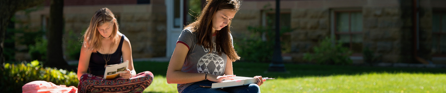 Two students study outside in the sunshine